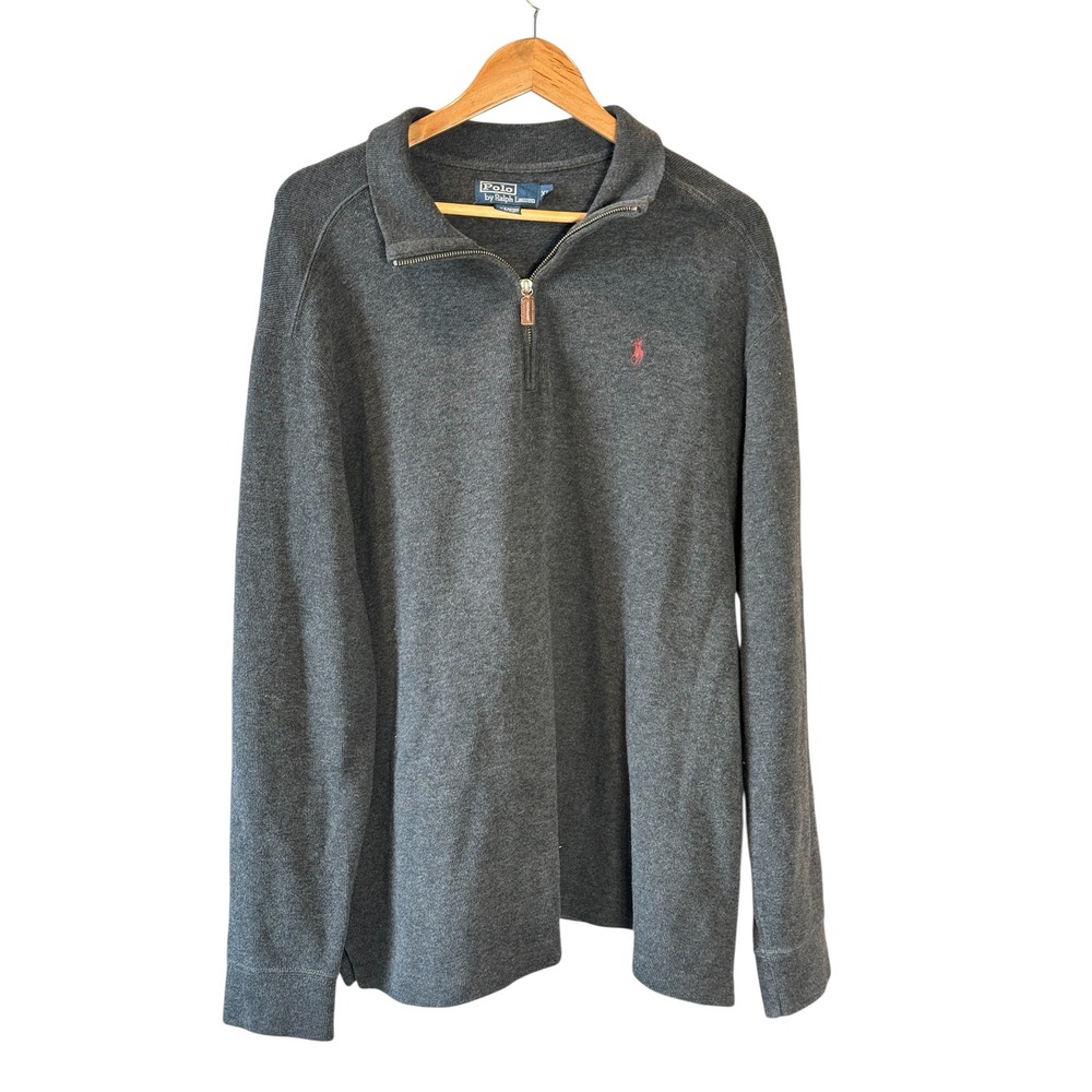 Polo Ralph Lauren Mens XL Charcoal Gray 1/4 Zip Cotton Pullover Sweater Red Pony